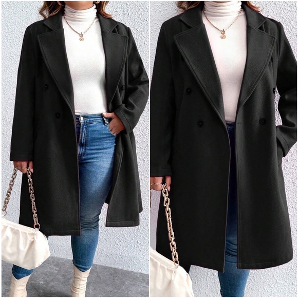 Plus Double Breasted Button up Pocket Jacket Coat - Picture 2 of 11